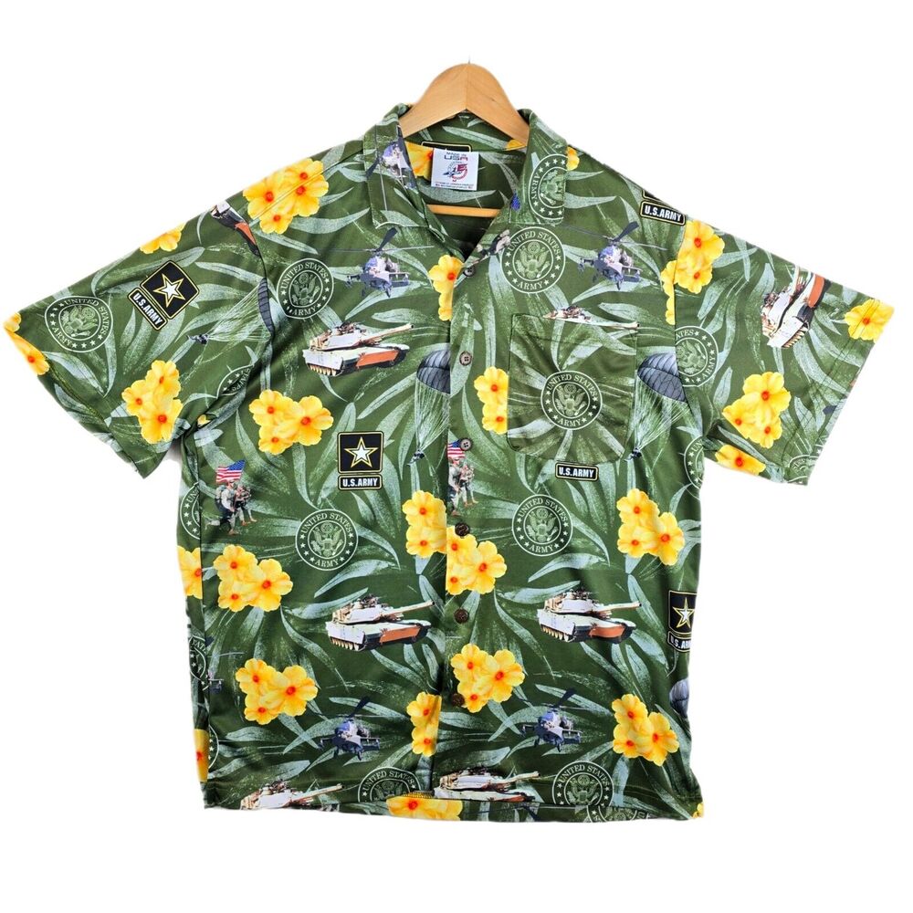 US Army Hawaiian AE Sport Shirt Mens Size Medium Button Up Floral Aop USA Made